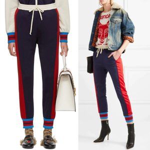Gucci Navy Pull-on Track Pants Small Elastic Waist Drawstring Striped Joggers